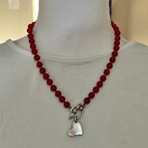 Red Carnelian Bead Necklace Sterling Silver 925 Heart Charm Toggle Clasp 18"